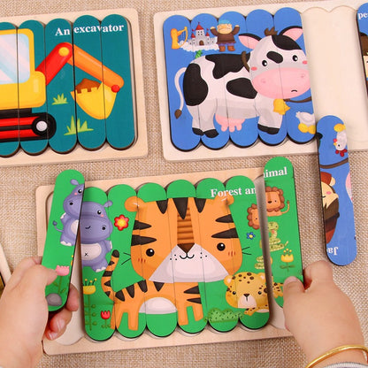 1005 Wooden creative strip puzzle, children's educational double-sided cartoon puzzle board toys