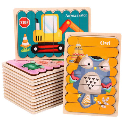 1005 Wooden creative strip puzzle, children's educational double-sided cartoon puzzle board toys