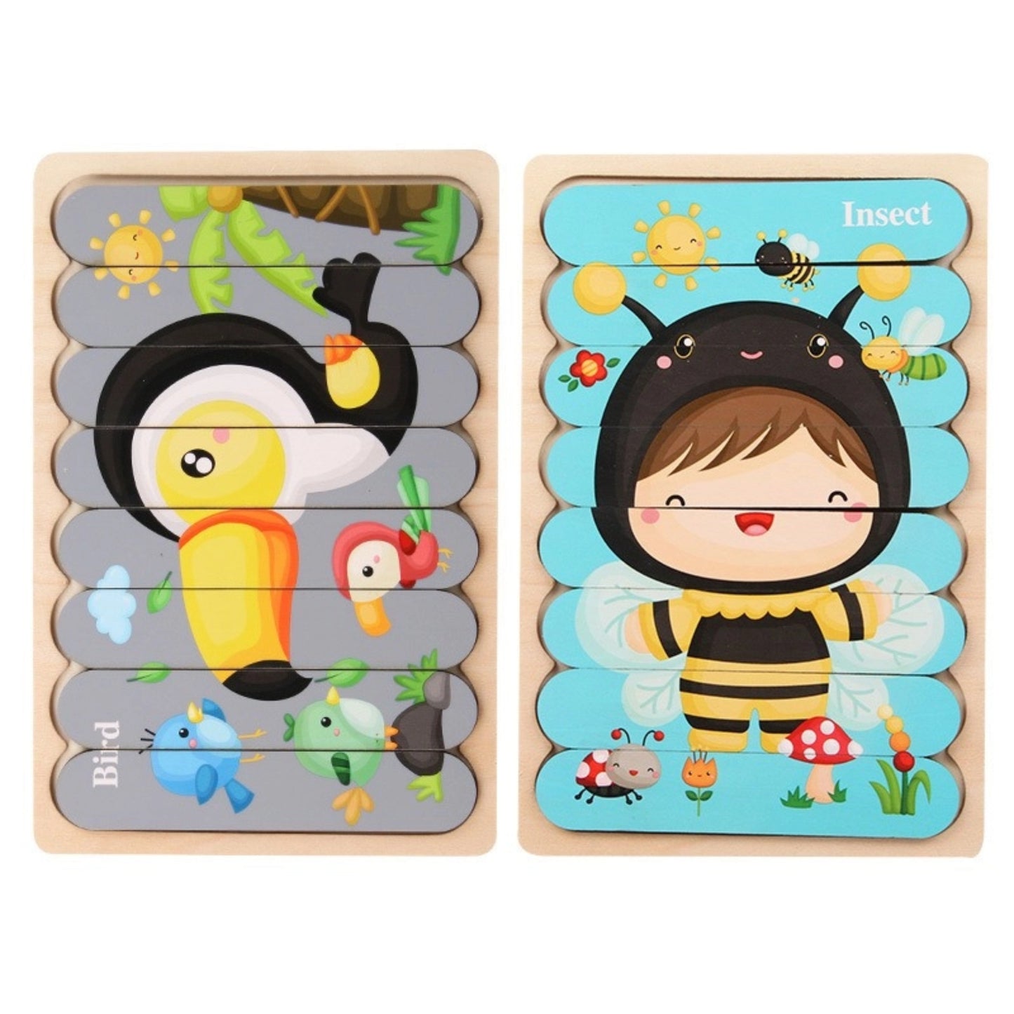 1005 Wooden creative strip puzzle, children's educational double-sided cartoon puzzle board toys